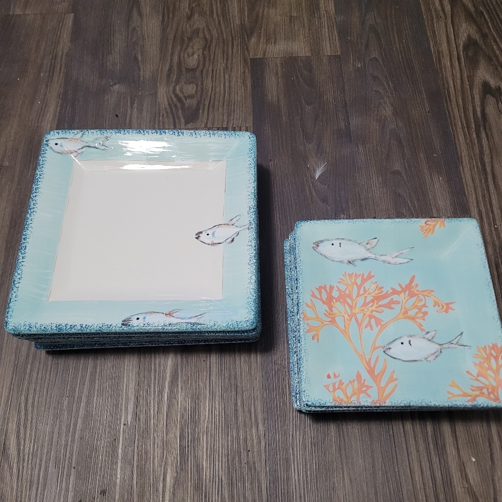 American Atelier Currents square dinner plates Saucers Hand Painted fish design - Picture 1 of 10